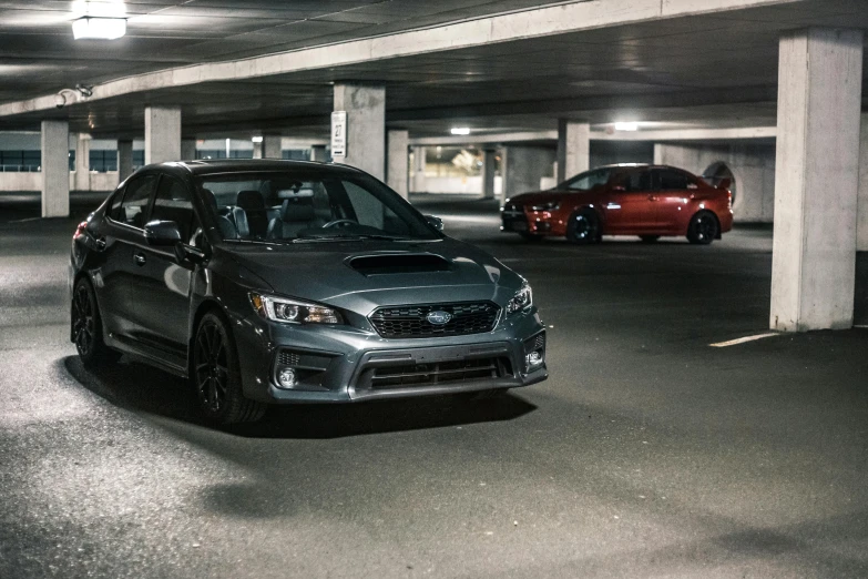 a subaruna parked in a parking garage, inspired by An Gyeon, pexels contest winner, wrx golf, 3 - piece, matte paint colors, medium head to shoulder shot