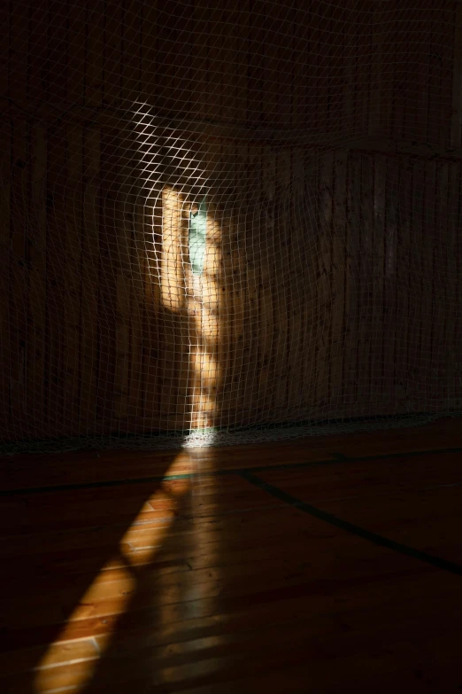 a shadow of a person on a basketball court, unsplash, light and space, light inside the hut, helio oiticica, ( ( photograph ) ), torn mesh