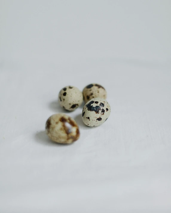 three quails sitting on top of a white surface, by Ellen Gallagher, unsplash, mingei, translucent eggs, black dots, product shot, occasional small rubble