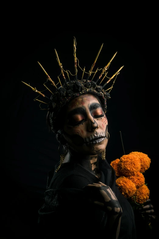 a woman in skeleton makeup holding a teddy bear, an album cover, by Alejandro Obregón, pexels contest winner, vanitas, gold floral headdress, mexico city, ((portrait)), orange and yellow costume