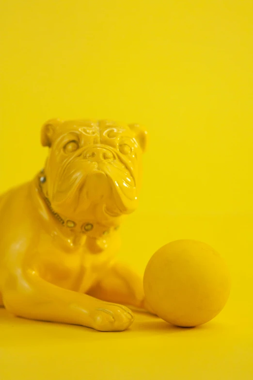 a yellow figurine of a dog with a ball, an album cover, flickr, 4 k'', colors: yellow, resin statue, pitt