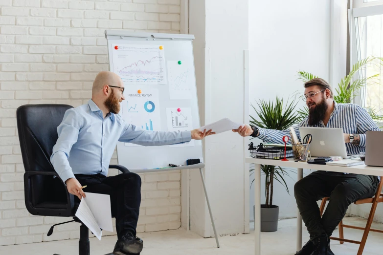 two men sitting at a table with papers and laptops, a cartoon, by Adam Marczyński, pexels contest winner, wearing business casual dress, reaching out to each other, whiteboards, avatar image