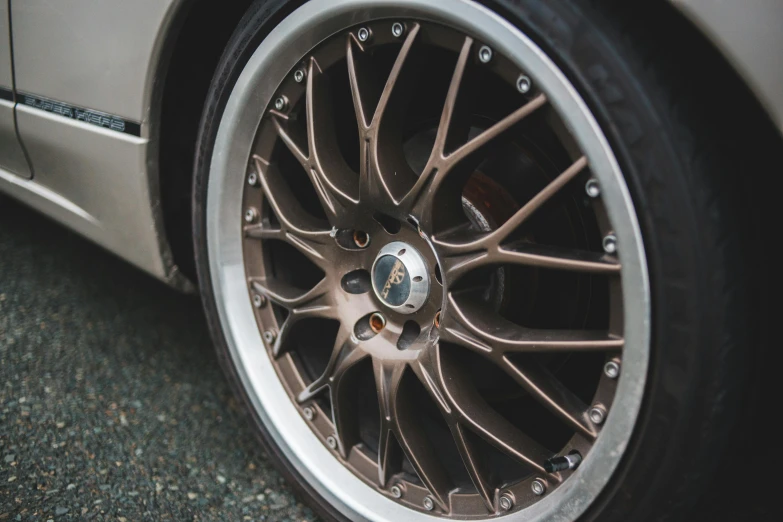 a close up of a wheel on a car, unsplash, lyco art, 9 9 designs, brown, detailed alloy wheels, full view of a sport car