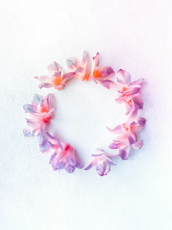 a wreath of pink and white flowers on a white surface, an album cover, by Carey Morris, trending on unsplash, tie-dye, purple orange colors, lotus floral crown girl, soft gradient texture