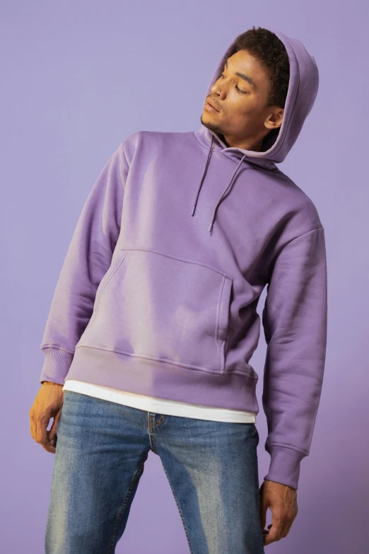 a man wearing a purple hoodie and jeans, inspired by Louis Hersent, trending on pexels, light purple, blank, kano), full product shot