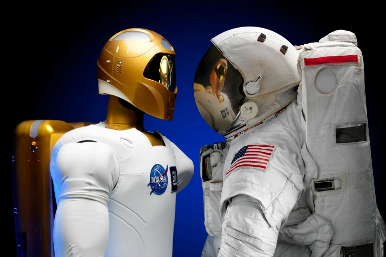 a couple of astronauts standing next to each other, “hyper realistic, heavy white and golden armor, official photos, face to face