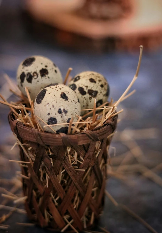 a basket filled with eggs sitting on top of a table, birds, white with black spots, 王琛, straw