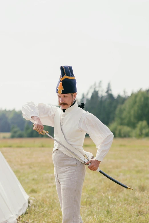 a couple of people that are standing in the grass, an album cover, inspired by August Friedrich Schenck, unsplash, renaissance, white uniform, battle action shot, finland, long twirling moustache