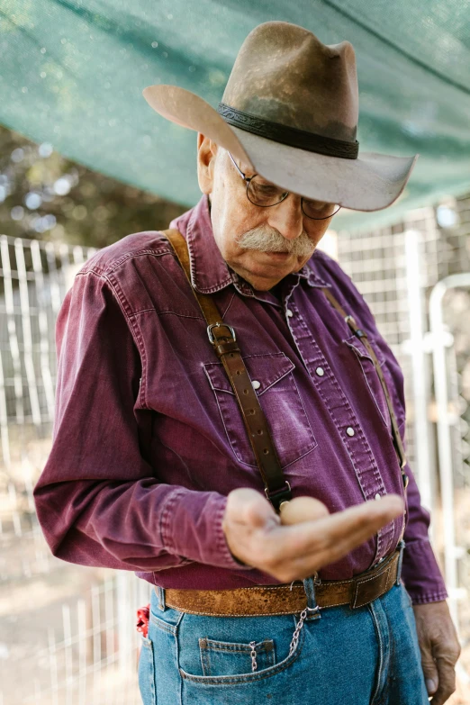 a man standing next to a sheep in a pen, letterboxing, wearing purple undershirt, wearing cowboy hat, old man