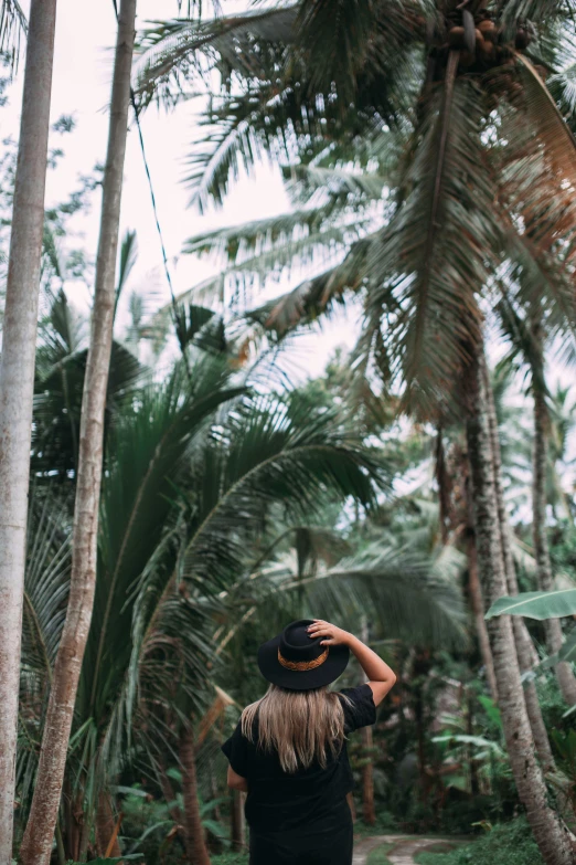 a woman walking down a path between palm trees, trending on unsplash, wears a destroyed hat, panoramic shot, back, multiple stories