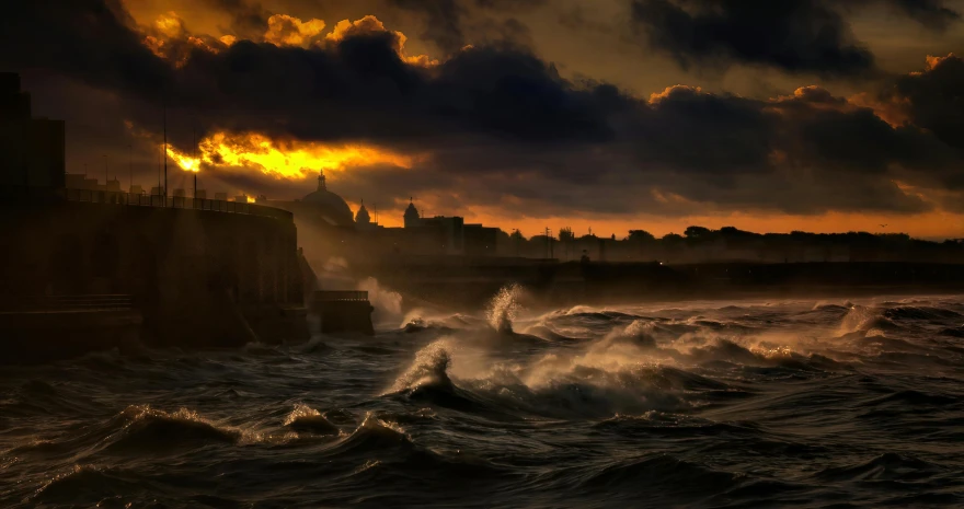 a large body of water under a cloudy sky, a matte painting, by Fabien Charuau, pexels contest winner, renaissance, dangerous waves, golden hour”, port, dramatic lighting - n 9