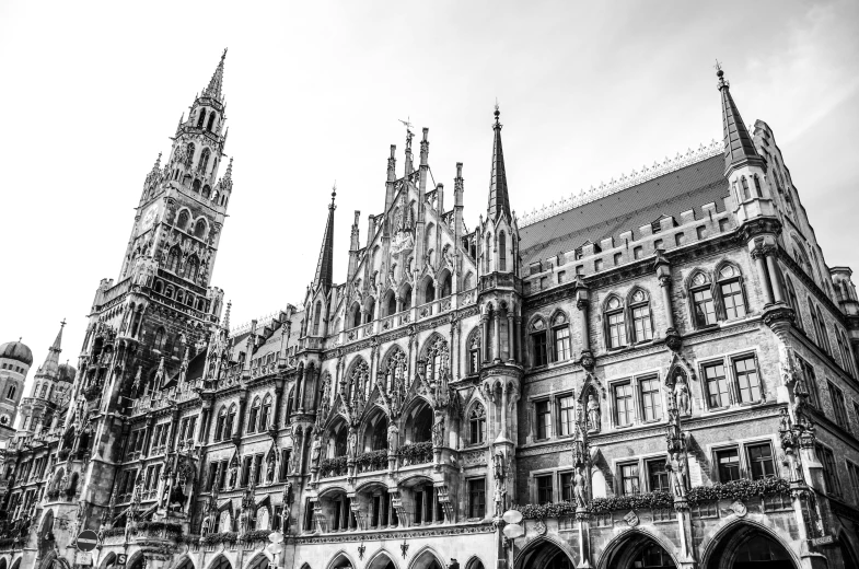 a black and white photo of a large building, by Matthias Weischer, pexels contest winner, baroque, city of munich!!!, multi layered huge architectures, 🚿🗝📝, tall spires