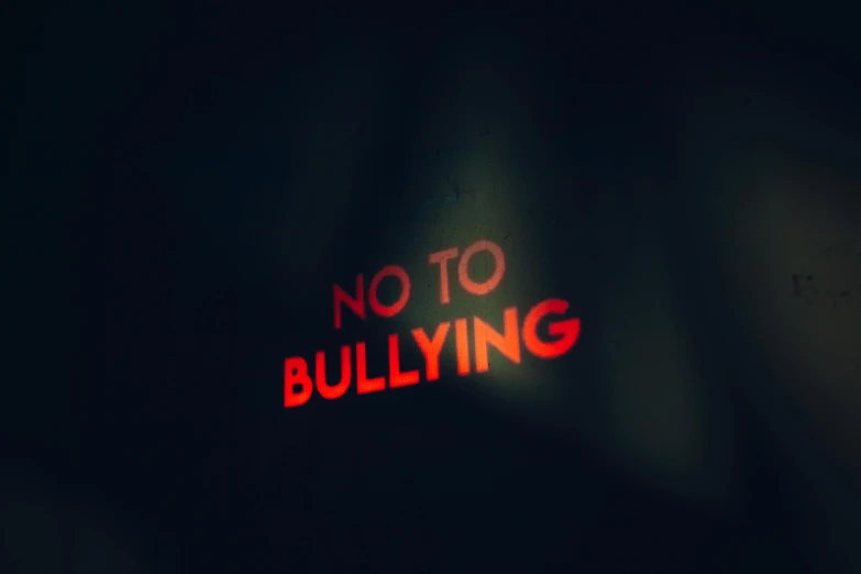 a neon sign that says no to bullying, a picture, pexels, graffiti, low quality grainy, instagram picture, profile image, 2 0 5 6