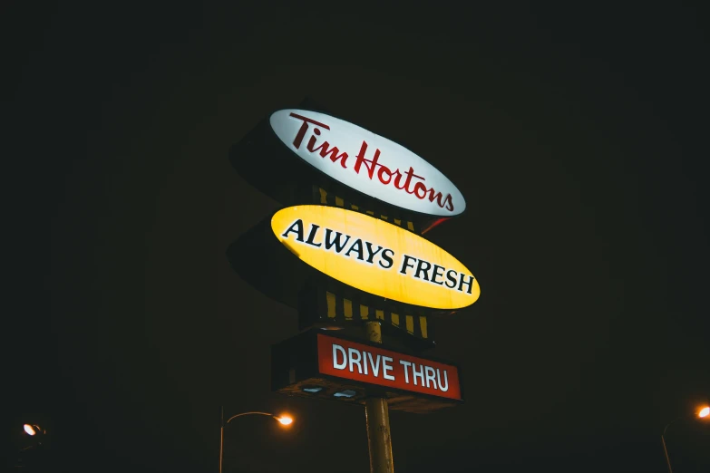 a couple of signs that are on top of a pole, an album cover, by Tom Palin, trending on unsplash, fast food, nighttime, 15081959 21121991 01012000 4k, 2 5 6 x 2 5 6 pixels