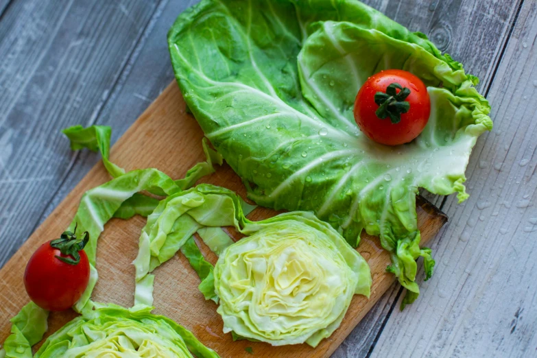 a wooden cutting board topped with lettuce and tomatoes, a picture, renaissance, folds of belly flab, thumbnail, shredded, hasselblatt