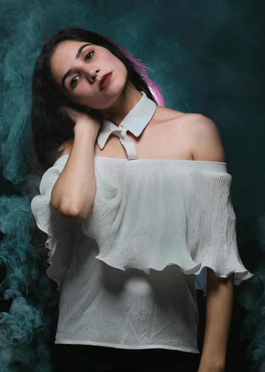 a woman in a white shirt posing for a picture, an album cover, inspired by Elsa Bleda, pexels contest winner, renaissance, melanie martinez, dark and moody smoke, big collar, 5 0 0 px models