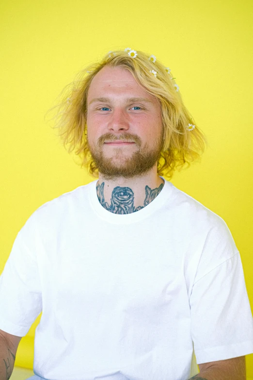 a man with a tattoo on his neck, an album cover, inspired by Seb McKinnon, featured on reddit, medium yellow blond hair, 'white background'!!!, catalog photo, subreddit / r / whale