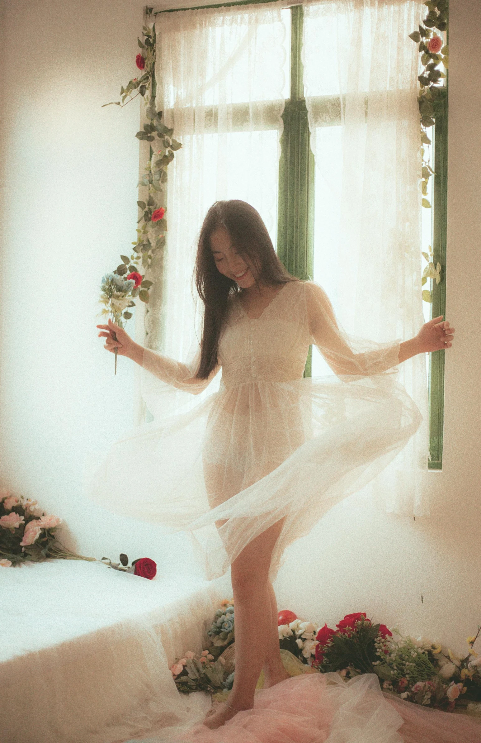 a woman in a white dress standing in front of a window, a picture, unsplash, romanticism, ulzzang, brunette fairy woman stretching, 15081959 21121991 01012000 4k, medium format. soft light