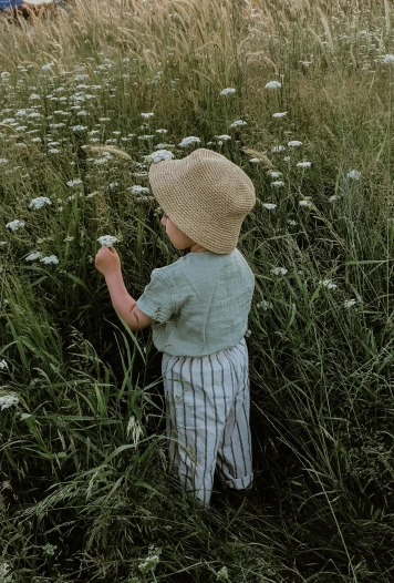 a little boy standing in a field of tall grass, by Anna Boch, pexels contest winner, small hat, in a cottagecore flower garden, simple aesthetic, profile image
