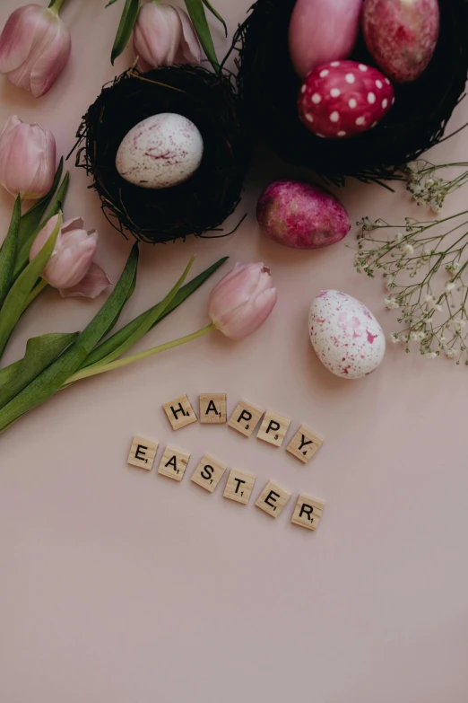 the words happy easter spelled in scrabbles next to tulips and eggs, pexels contest winner, square, pink, made of dried flowers, gif