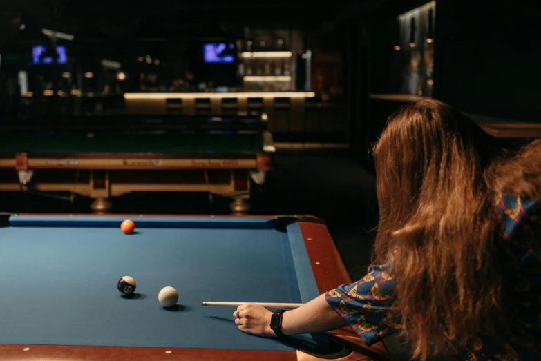 a couple of people playing a game of pool, a portrait, unsplash contest winner, floating alone, nighthawks, youtube thumbnail, ellie bamber