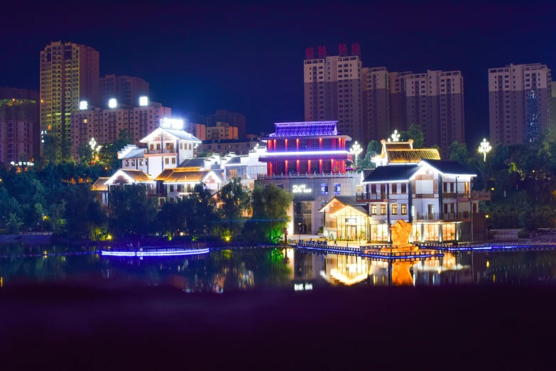 a large body of water surrounded by tall buildings, a tilt shift photo, chinese village, projection mapping, white, postprocessed)