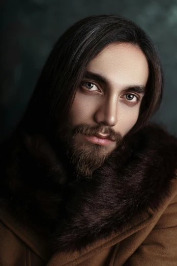 a man with long hair wearing a brown coat, inspired by Serhii Vasylkivsky, trending on pexels, renaissance, hd fur, portrait of eren yeager, bearded, glamour shot