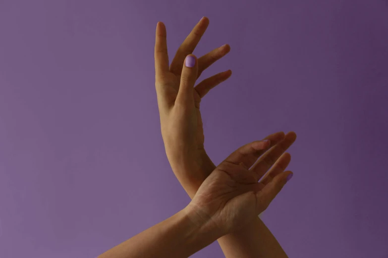 a pair of hands reaching up into the air, by Carey Morris, aestheticism, smooth purple skin, second colours - purple, minimalist photorealist, ad image
