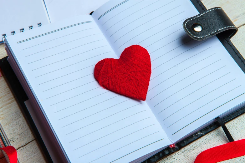 an open notebook with a red heart on top of it, by Lorraine Fox, trending on pexels, various items, thumbnail, felt, modeled