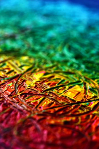 a close up of a colorful painting on a table, flickr, detailed entangled fibres, textured 3 d, sun setting, jelly - like texture. photograph
