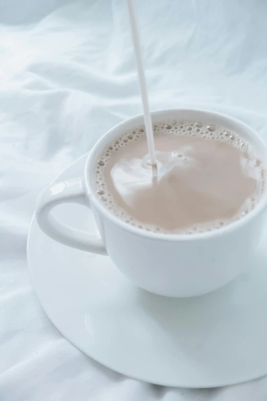 a cup of coffee sitting on top of a saucer, milk, with a straw, thumbnail, profile image