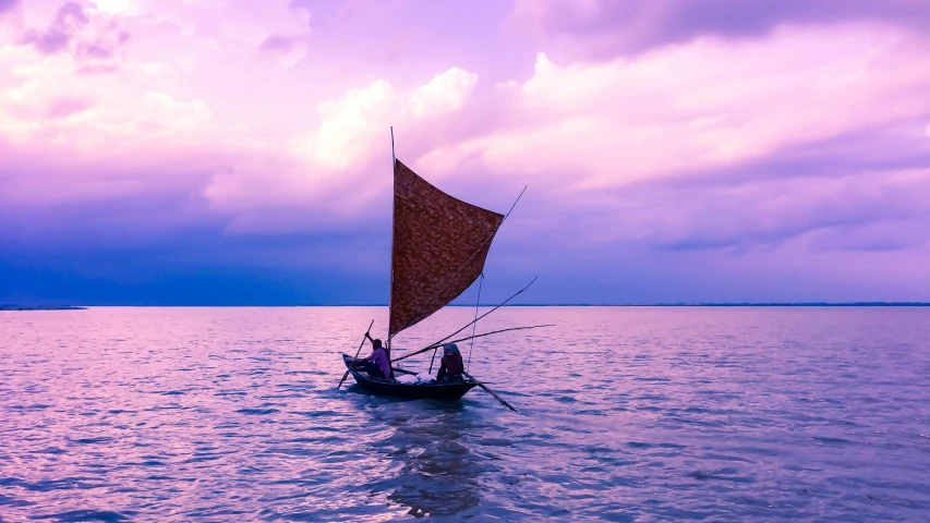 a small boat floating on top of a large body of water, by Joseph Severn, pexels contest winner, mingei, draped in purple, sail, assamese aesthetic, fisherman