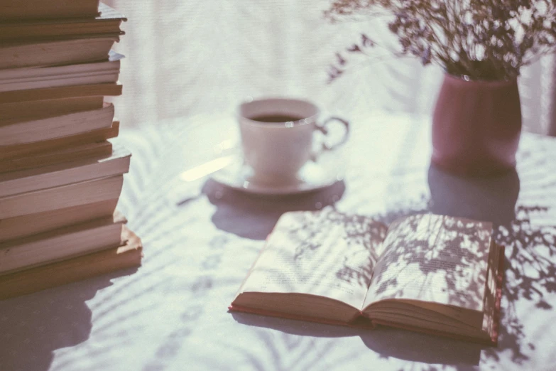 an open book sitting on top of a table next to a cup of coffee, pexels contest winner, romanticism, summer light, piled around, on a pale background, lo fi