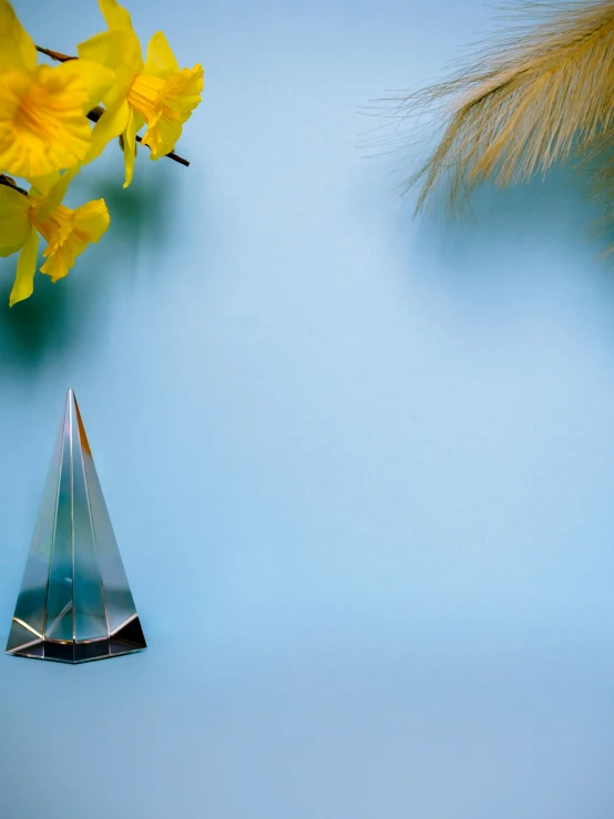 a vase filled with yellow flowers on top of a table, an abstract sculpture, unsplash contest winner, sailboat, diamond prisms, award winning landscape photo, feather pen