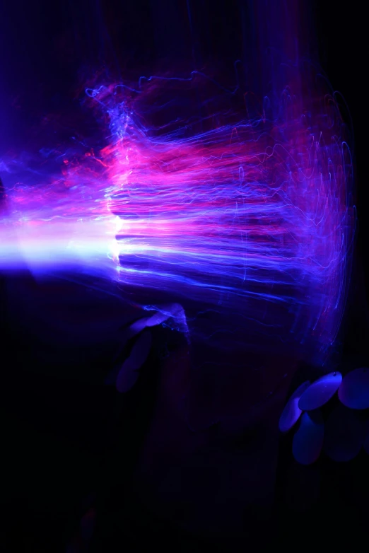 a blurry image of a person holding an umbrella, a hologram, pexels contest winner, light and space, purple laser lighting, plasma charges, red and blue black light, glowing veins