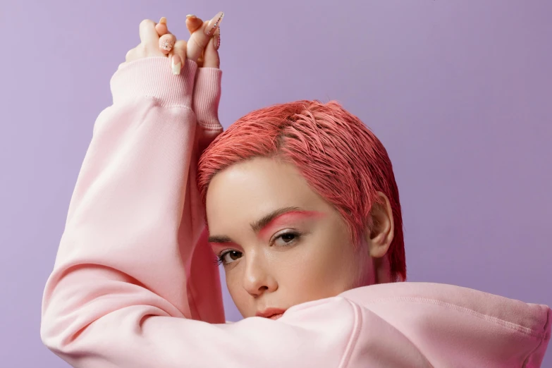 a close up of a person with pink hair, an album cover, inspired by Elsa Bleda, trending on pexels, lecherous pose, short hair with gel, charli bowater, flat colour