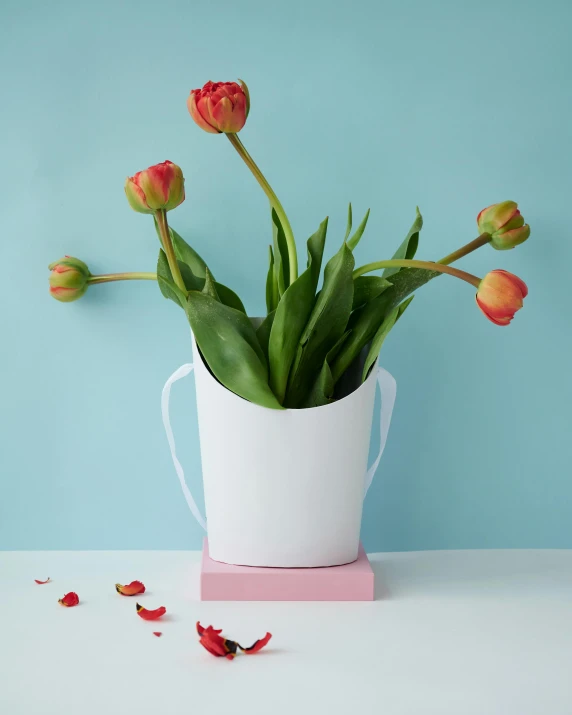 a vase filled with flowers sitting on top of a table, product view, tulips, watering can, glossy white metal