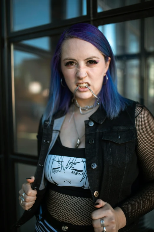a woman with blue hair smoking a cigarette, reddit, wearing punk clothing, fangs and drool, photograph taken in 2 0 2 0, mall goth