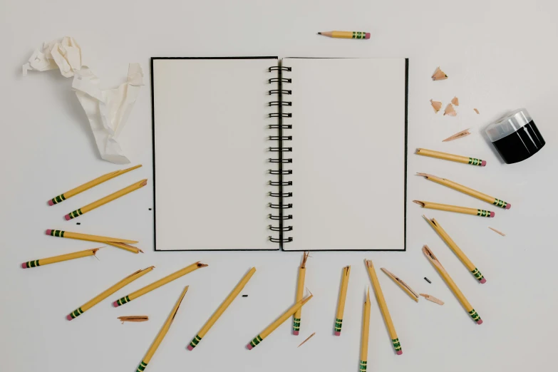 an open notebook surrounded by pencils and erases, by Carey Morris, pexels, white space in middle, lying scattered across an empty, thumbnail, full body image