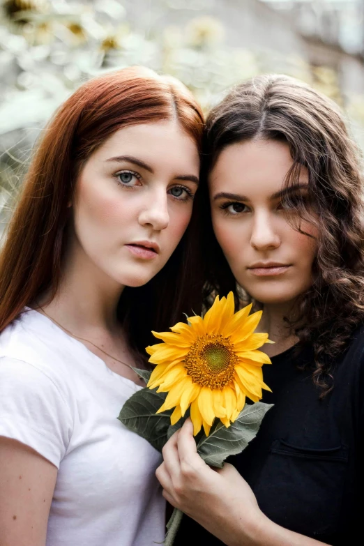 two women standing next to each other holding a sunflower, a portrait, pexels contest winner, renaissance, brunette, non binary model, avatar image, close up portrait photo