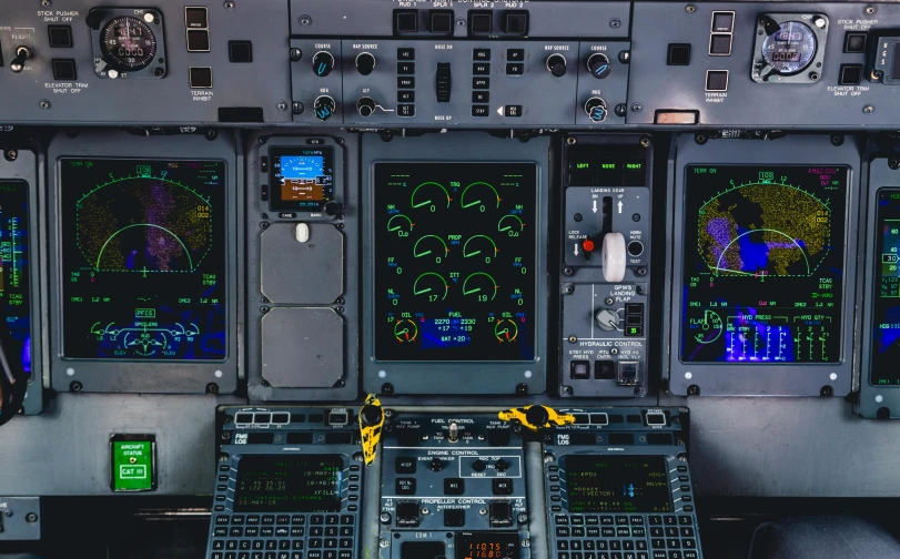 a view of the cockpit of a commercial airliner, unsplash, computer art, rectangle, high resolution photo, panel, an intricate