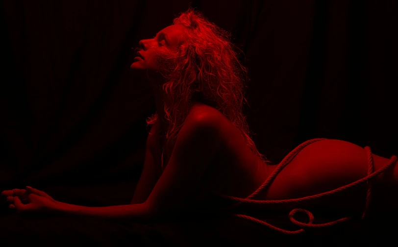 a woman laying on top of a bed under a red light, an album cover, unsplash, renaissance, rope bondage, doja cat, monochromatic red, julia garner