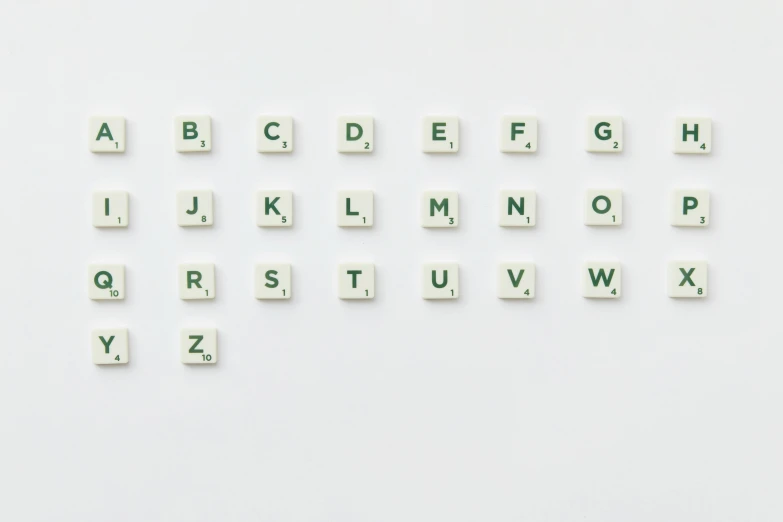 a close up of letters on a white surface, unsplash, squares, green, taken with sony alpha 9, abcdefghijklmnopqrstuvwxyz