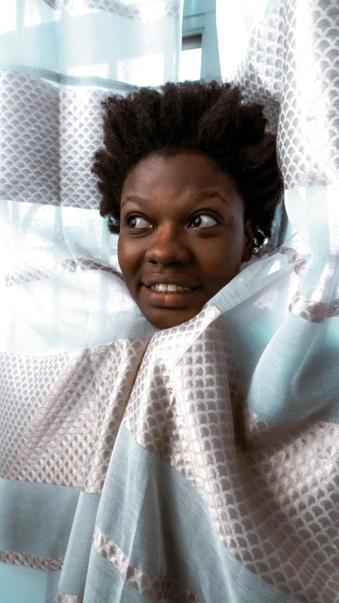 a close up of a person in a hospital bed, an album cover, inspired by Makoto Aida, shutterstock contest winner, ascii art, excited expression, wet fabric, shot in the photo studio, aida muluneh
