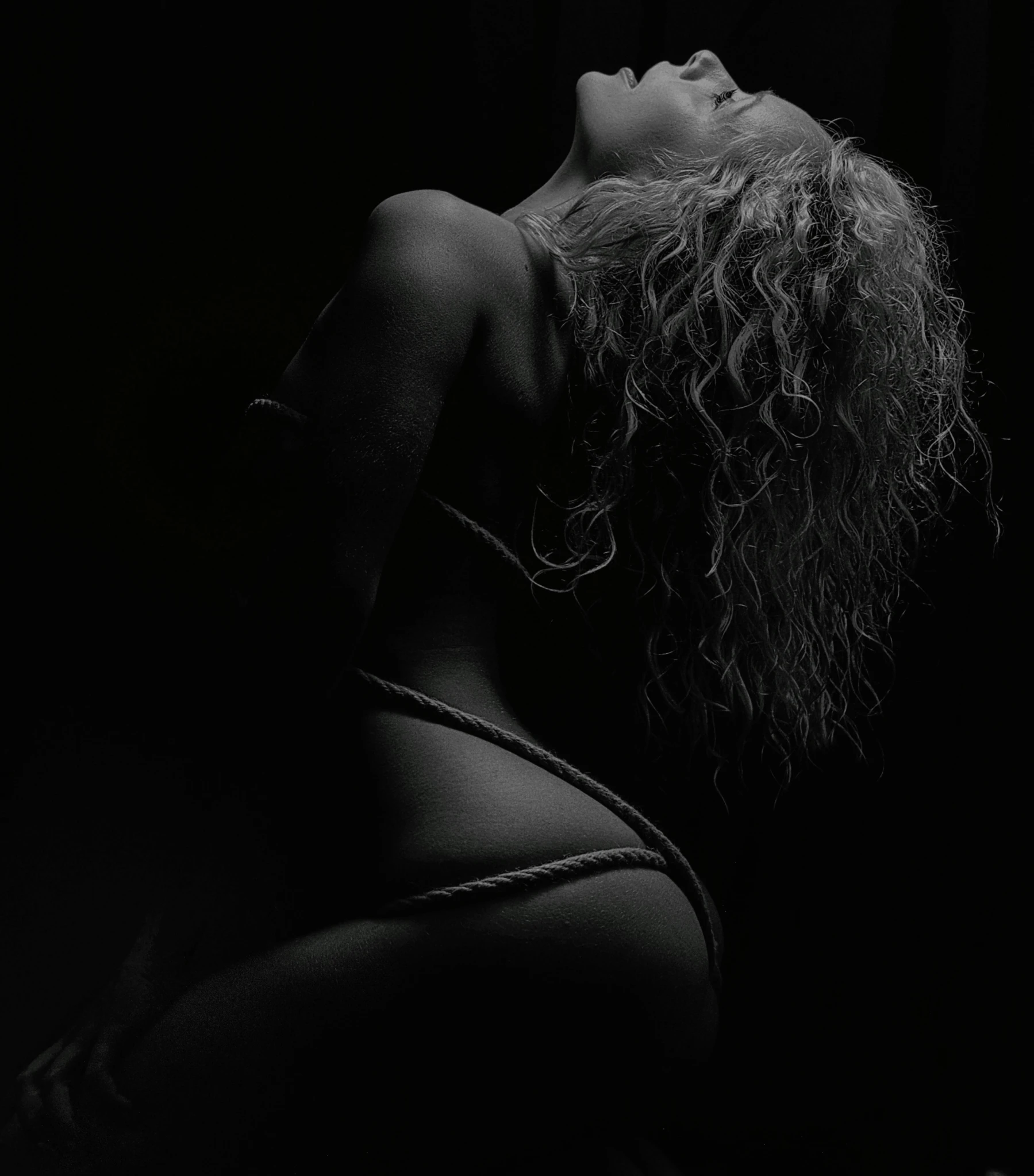 a black and white photo of a woman in lingerie, an album cover, pexels contest winner, art photography, rope, curly blond hair, backlight, ((restrained))