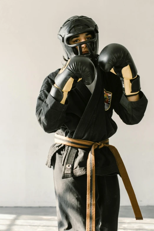 a man holding a pair of boxing gloves, inspired by Kanō Hōgai, black armored uniform, black and brown, facemask, bay area