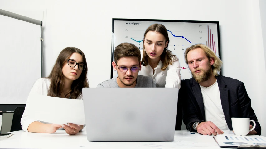 a group of people sitting around a laptop computer, on a white table, 9 9 designs, professional profile photo, thumbnail