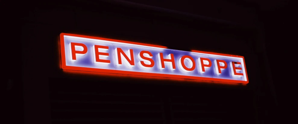a neon sign with the word penshope on it, trending on unsplash, panfuturism, shuttered mall store, open top, ultrasharp, pencil