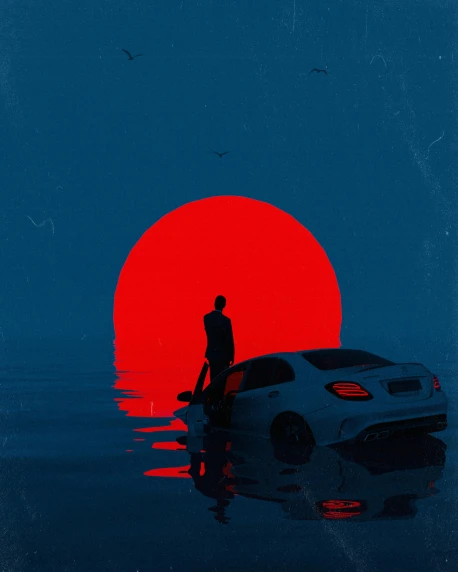 a man standing next to a car in the water, an album cover, inspired by Mike Winkelmann, dark blue and red, big red sun, looking sad, (night)