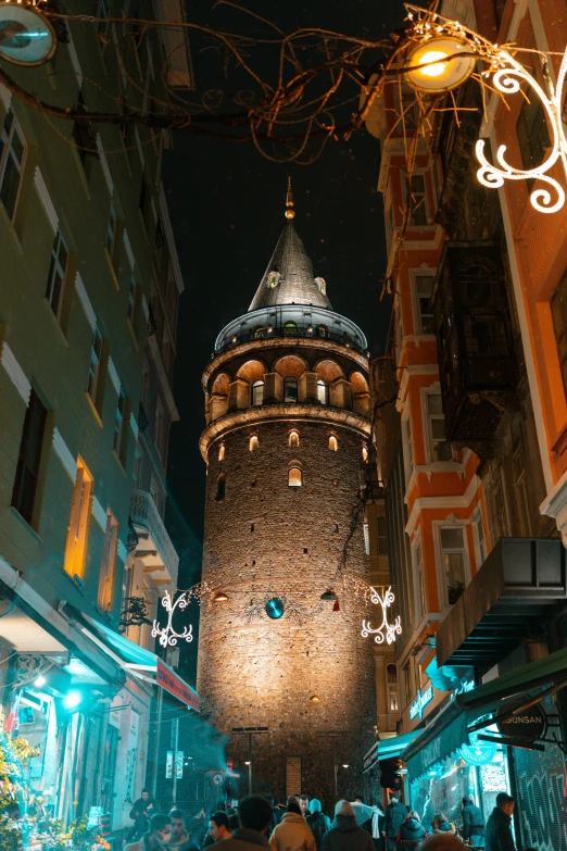 a group of people walking down a street next to tall buildings, inspired by Osman Hamdi Bey, trending on pexels, art nouveau, neoclassical tower with dome, lights, 2 5 6 x 2 5 6, turkey